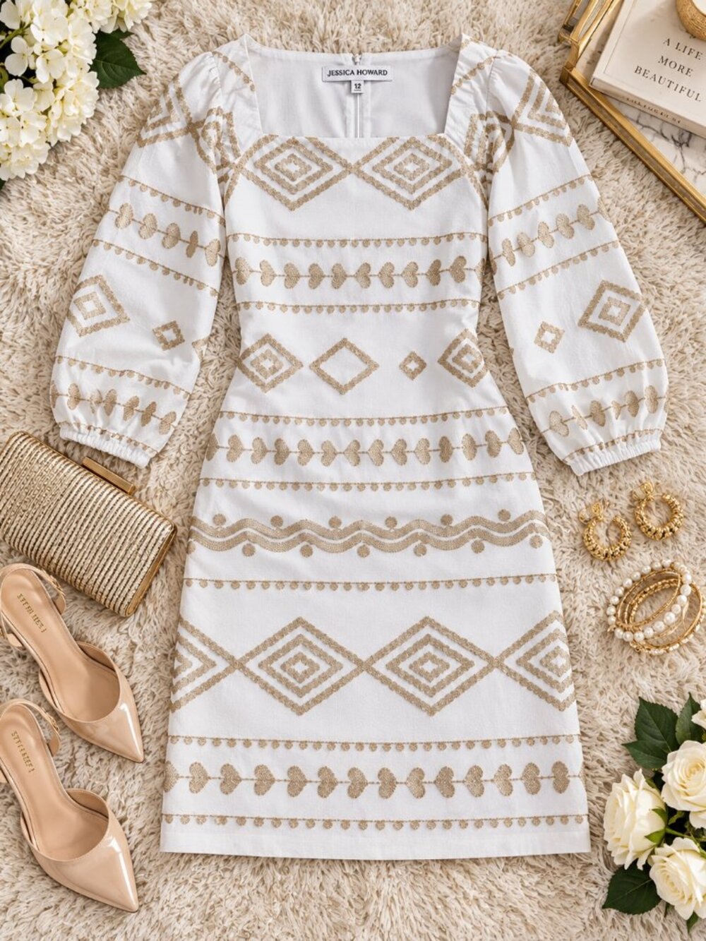 Jessica Howard White Gold Embroidered Square Neck Dress Size 12 NWT